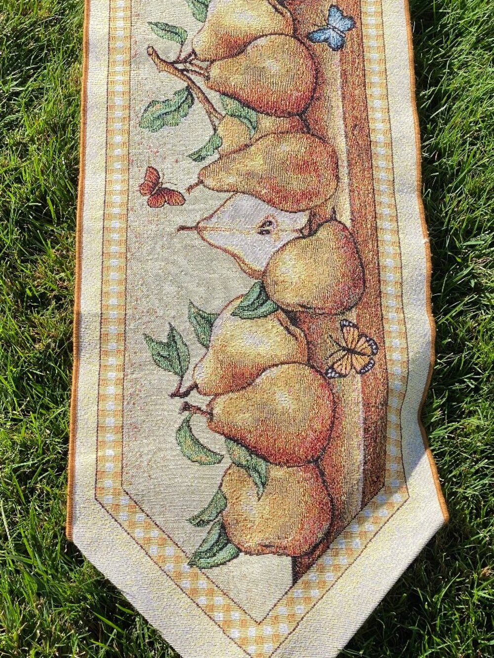 Woven Tapestry Table Runner David Carter Brown Pears Butterflies Autumn Fall